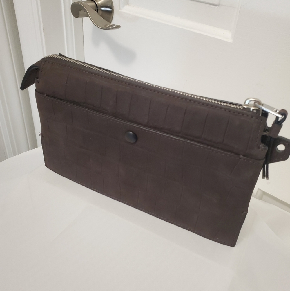 All Saints Marry Croc Embossed Brown Leather Pouchette/Wallet
